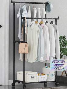 Portable Clothing Rack With Wheels, Aesthetic Ins Adjustable Single/Double Rod Clothing Hanging Rack, Dorm Room Necessities, Freestanding Clothing Organizer For Indoor Bedroom, Laundry Room, Balcony, Dormitory, Living Room, Home Use. - Multicolor - View 2