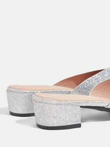 CUCCOO TILAWA Rhinestone Shiny Silver Slip-On Women's Closed-Toed Small Square Toe Thick-Heeled Sandals Comfortable Foot Cage Summer Women's Shoes - Silver - View 9