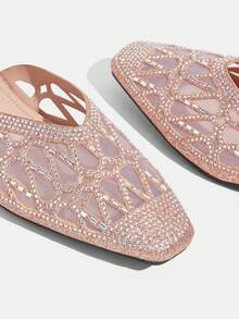CUCCOO TILAWA Mesh Rhinestone Sparkling Champagne Slip-On Women's Closed-Toed Small Square Toe Thick Heel Sandals Comfortable Foot Cage Summer Women's Shoes - Champagne - View 8