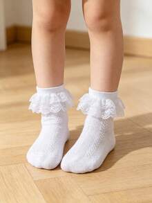 SHEIN 5 Pairs Of Girls' Double-Layer Lace Socks, Suitable For Daily Wear - White - View 3