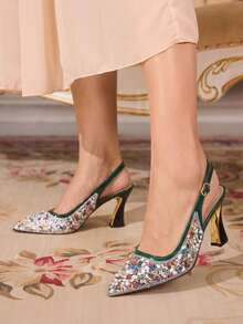CUCCOO TILAWA Green Sunflower Resin Shiny Rhinestone Fashionable Elegance Temperament Sexy Pointed Thick Heel Women's High Heels - Exquisite Design Of Rear Buckle, - Green - View 6