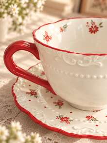 Cirelle Vintage Floral Ceramic Coffee Cup And Saucer Set, Embossed Red Flower Tea Mug With Scalloped Rim, Elegant Porcelain Cup For Latte Cappuccino, Home Table Decor & Wedding Housewarming Gift - Multicolor - View 7