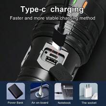 LED手電筒，可充電Type-C接口，戶外超亮遠射戰術手電筒，防水安全照明，可變焦，適用於釣魚、狩獵、徒步、騎行 - 黑色 - 查看 3