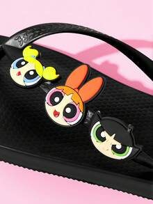 THE POWERPUFF GIRLS X SHEIN 卡通夾腳拖鞋，EVA輕量材質，護趾設計，透氣快乾，柔軟舒適，適合多種場合 - 黑色 - 查看 3