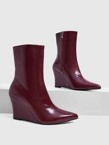 CUCCOO SZL Glossy Leather Pointed Toe Heel Thin Boots Women's Simple Premium Commuter Versatile Ankle Boots Fall Boots - Burgundy - View 5
