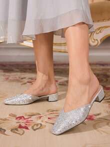 CUCCOO TILAWA Rhinestone Shiny Silver Slip-On Women's Closed-Toed Small Square Toe Thick-Heeled Sandals Comfortable Foot Cage Summer Women's Shoes - Silver - View 8