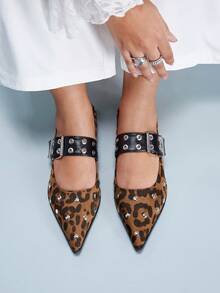 CUCCOO GRLICON Vintage Leopard Suede Pointed Mary Jane Shoes Women's Silver Rivets Button Spice Girls Low Vamp Shoes - leopard print - View 1