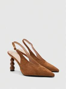 CUCCOO BIZCHIC Women's Pointed Back Empty Back Strap Special-Shaped Heel Elegant High-Heeled Shoes - Brown suede - View 7
