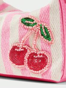 SHECARRY Ladies Pink + White Striped Canvas Tote Bag, Cute Cherry Beads And Rhinestones, Exquisite Hardware Strap - Pink - View 7