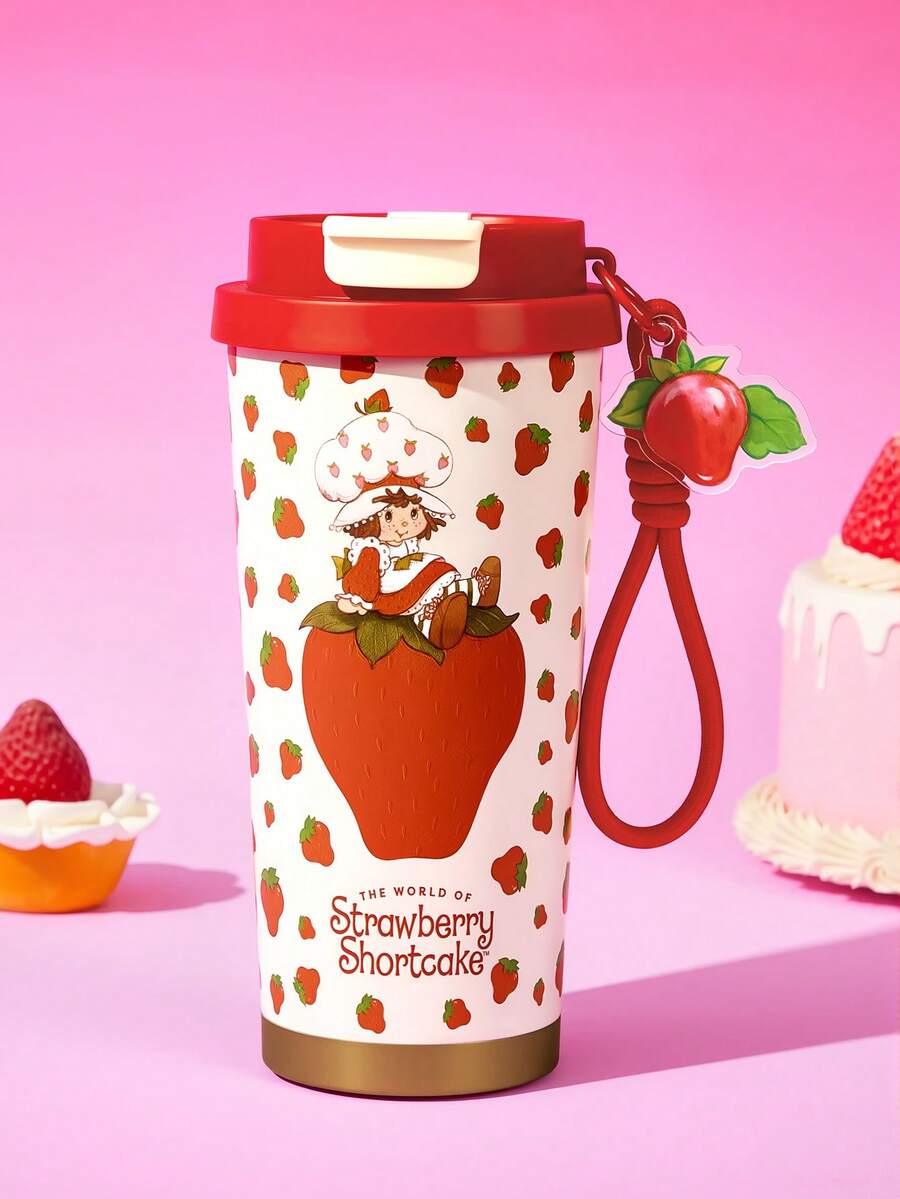 Strawberry Shortcake X SHEIN 500ml /16 Oz 真空保溫不鏽鋼杯,1個防漏蓋,適用熱飲/冷飲,適用於大多數杯架,禮物首選,派對、節日、情人節 - 紅色 - 查看 1