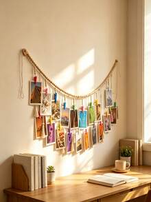 1pc Hanging Photo Frame With 18 Clips, Boho Wood Bead Decor Hanging Frame Clip For Dorm, Classroom, Bedroom, Home Room Office Decoration, For Christmas Valentine's Day New Year Decor, - one-size - View 7