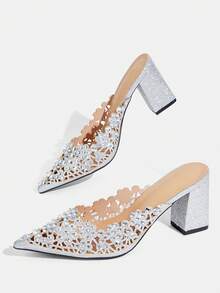 CUCCOO TILAWA Silver Sparkling Elegant Pointed Women's Thick Heels - French Elegant Wedding Banquet Full Of Diamond Rhinestone Heels - Silver - View 4