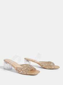 CUCCOO TILAWA Damers mules-sandaler med flash-diamanter, strass, transparent bred rem och tjock fyrkantig klack, sommarsandaler för bankett - Brons - Visa 9