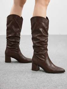 CUCCOO BIZCHIC New Pointed Thick High Heel Brown Pleated Wide Tube Wide Tube Women's Knee Boots High Boots Daily Versatile Comfortable Commuting Autumn And Fall Boots - Coffee Brown - View 3