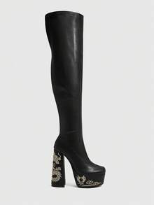 CUCCOO SZL 女款方頭粗高跟刺繡黑色彈性時尚簡約性感超高筒過膝靴 側拉鍊靴 - PU 黑色 - 查看 1