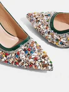 CUCCOO TILAWA Green Sunflower Resin Shiny Rhinestone Fashionable Elegance Temperament Sexy Pointed Thick Heel Women's High Heels - Exquisite Design Of Rear Buckle, - Green - View 7