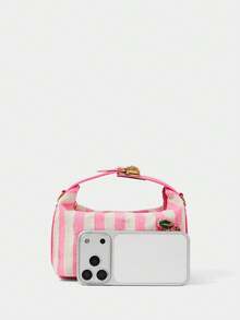 SHECARRY Ladies Pink + White Striped Canvas Tote Bag, Cute Cherry Beads And Rhinestones, Exquisite Hardware Strap - Pink - View 5