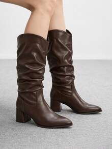 CUCCOO BIZCHIC New Pointed Thick High Heel Brown Pleated Wide Tube Wide Tube Women's Knee Boots High Boots Daily Versatile Comfortable Commuting Autumn And Fall Boots - Coffee Brown - View 1