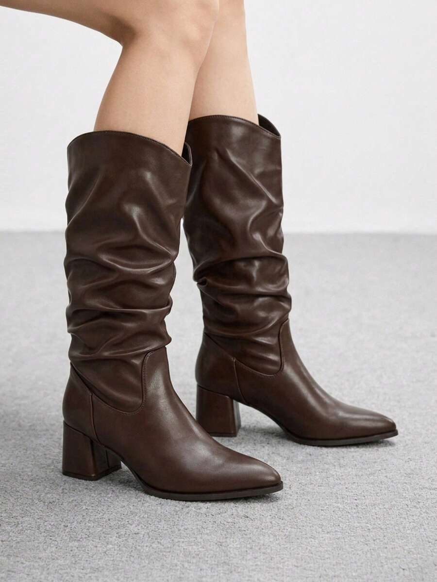 CUCCOO BIZCHIC New Pointed Thick High Heel Brown Pleated Wide Tube Wide Tube Women's Knee Boots High Boots Daily Versatile Comfortable Commuting Autumn And Fall Boots - Coffee Brown - View 1