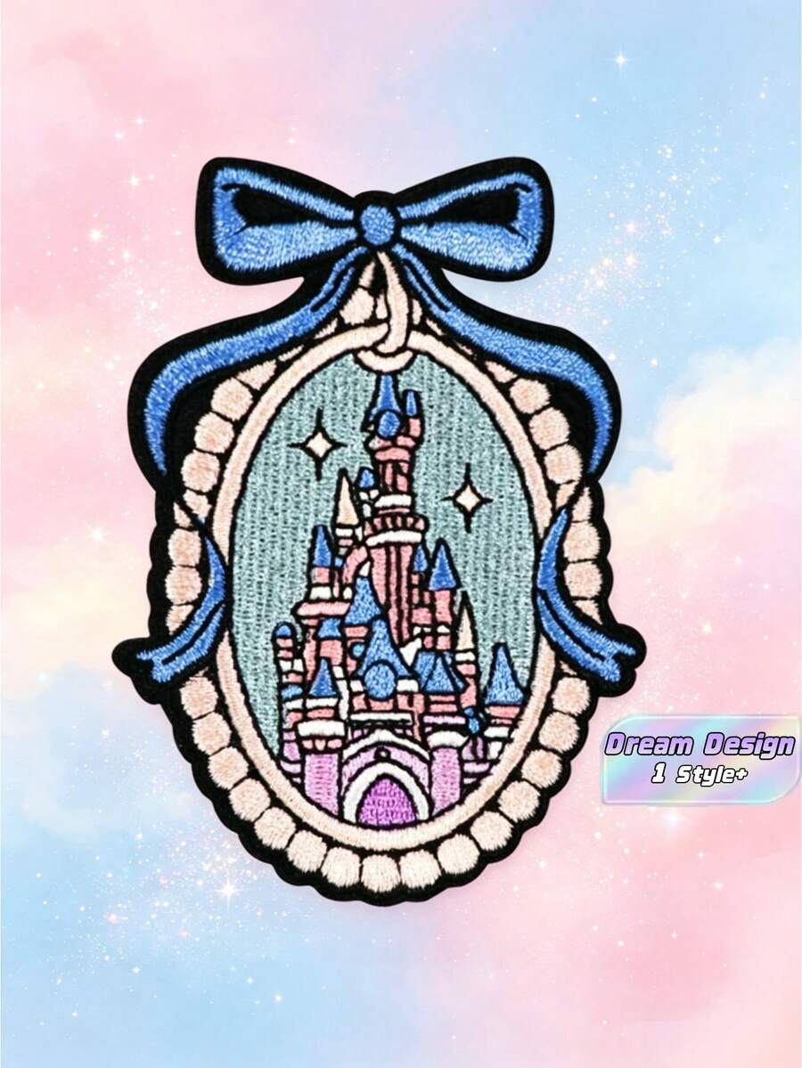 1件裝夢幻公主城堡刺繡貼布，藍色蝴蝶結童話城堡燙貼補丁，適用夾克、包包的刺繡標籤 - A - 查看 1