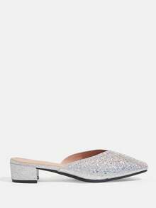 CUCCOO TILAWA Rhinestone Shiny Silver Slip-On Women's Closed-Toed Small Square Toe Thick-Heeled Sandals Comfortable Foot Cage Summer Women's Shoes - Silver - View 3
