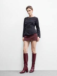 CUCCOO BIZCHIC 女款尖頭粗跟酒紅色壓紋側拉鍊及膝靴，秋冬通勤優雅商務皮革靴 - 酒紅色 - 查看 6