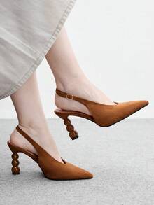 CUCCOO BIZCHIC Women's Pointed Back Empty Back Strap Special-Shaped Heel Elegant High-Heeled Shoes - Brown suede - View 1