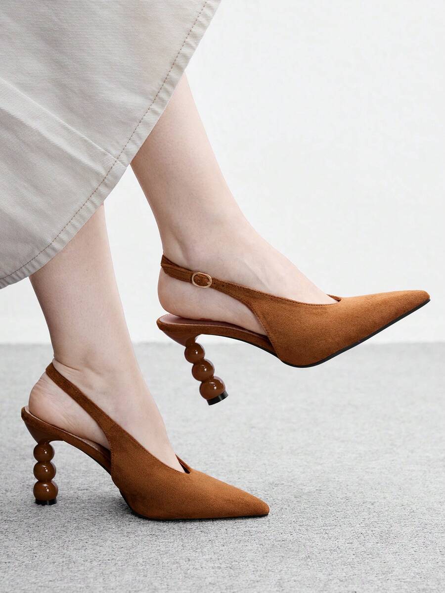 CUCCOO BIZCHIC Women's Pointed Back Empty Back Strap Special-Shaped Heel Elegant High-Heeled Shoes - Brown suede - View 1