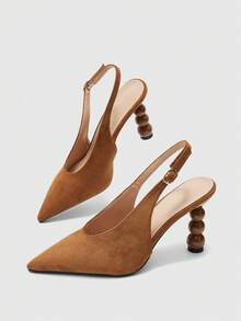 CUCCOO BIZCHIC Women's Pointed Back Empty Back Strap Special-Shaped Heel Elegant High-Heeled Shoes - Brown suede - View 10