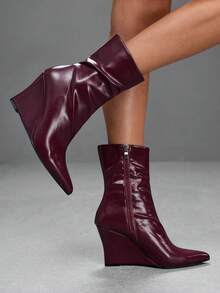 CUCCOO SZL Glossy Leather Pointed Toe Heel Thin Boots Women's Simple Premium Commuter Versatile Ankle Boots Fall Boots - Burgundy - View 3