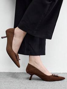 CUCCOO BIZCHIC Suede Metal Buckle Pointed Stiletto Shoes, Women's Workplace Commuter High Heels Fall Shoes - Brown - View 4