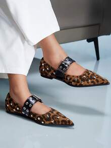 CUCCOO GRLICON Vintage Leopard Suede Pointed Mary Jane Shoes Women's Silver Rivets Button Spice Girls Low Vamp Shoes - leopard print - View 6