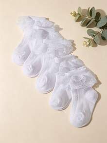 SHEIN 5 Pairs Of Girls' Double-Layer Lace Socks, Suitable For Daily Wear - White - View 6