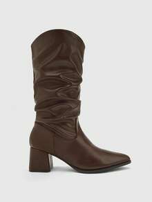 CUCCOO BIZCHIC New Pointed Thick High Heel Brown Pleated Wide Tube Wide Tube Women's Knee Boots High Boots Daily Versatile Comfortable Commuting Autumn And Fall Boots - Coffee Brown - View 2