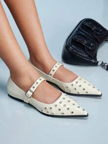 CUCCOO GRLICON Delicate Full Drill Pointed Flat Bottom Adjustable Buckle French Gentle Style Beige Bright Leather Low Vamp Shoes Commuting - Off-white - View 1