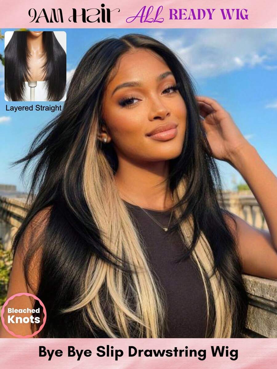 ALL READY WIG Bye-Bye Slip 7x5 Lace Closure Glueless Wear Go Black With Blonde Peekaboo Highlights Layered Straight Wigs With Drawstring Pre-Cut Pre-Pluck Pre-Bleached Transparent Lace 100% Human Hair Fit All Head Sizes Free Part Beginner-Friendly