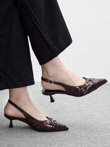 CUCCOO BIZCHIC 女款尖頭細高跟棕色後扣高跟鞋，簡約優雅，日常百搭通勤上班slingback鞋 - 棕色 - 查看 1