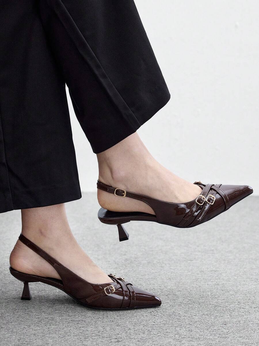 CUCCOO BIZCHIC 女款尖頭細高跟棕色後扣高跟鞋,簡約優雅,日常百搭通勤上班slingback鞋 - 棕色 - 查看 1