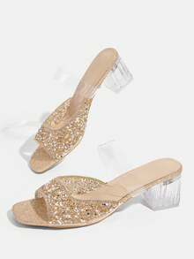 CUCCOO TILAWA Damers mules-sandaler med flash-diamanter, strass, transparent bred rem och tjock fyrkantig klack, sommarsandaler för bankett - Brons - Visa 4