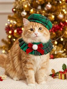 PETSIN Set Pakaian Natal untuk Kucing dan Anjing: Topi Segi Delapan Gaya Inggris dengan Tudung, Set Dekorasi Hewan Peliharaan untuk Foto - Hijau - View 4