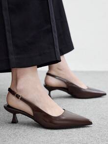 CUCCOO BIZCHIC 女款尖頭小貓跟棕色亮面後扣高跟鞋，簡約優雅，日常百搭通勤上班，空鞋後 - 咖啡棕 - 查看 5