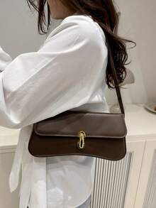 SIENNITY New Retro Fashion Solid‑Color Baguette Bag,Hardware Lock Clasp,Flap Opening,Lightweight & Minimalist,Small‑Capacity Shoulder Underarm Bag - Coffee - View 2