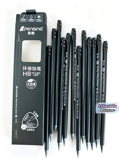 12/24 Pcs,All Black HB Office Business Pencils, Triangular Barrel Pencils With Eraser, Matte Black Writing Pens Stationery, School Supplies, Back To School Supplies, Resin Material Pen Body