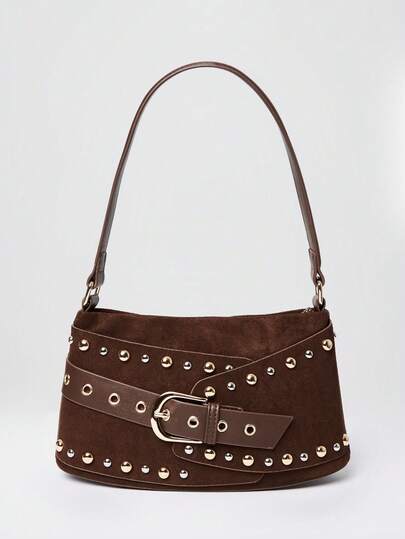 MUSERA Dark Brown Suede Studded Buckle Shoulder Bag Fall Autumn Winter Halloween Christmas New Year Cute Rave Festival Party Disco Sexy