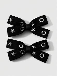 ROMWE Goth 2 Multi-Specification Y2k Dark Wind Black Air Eye Star Rivet Polka Dot Double-Layer Handmade Bow DIY Hairpin Duck Bill Clip, Combination Set - Black-53 - View 13