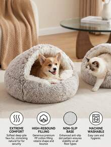 PETSIN 1pc Plush Round Pet Bed, Fluffy Soft Cat Bed, Donut Pet Cushion, Winter 2 In 1 Cat Bed, Warm Sleeping Bag Sofa Cushion - Coffee Brown - View 4