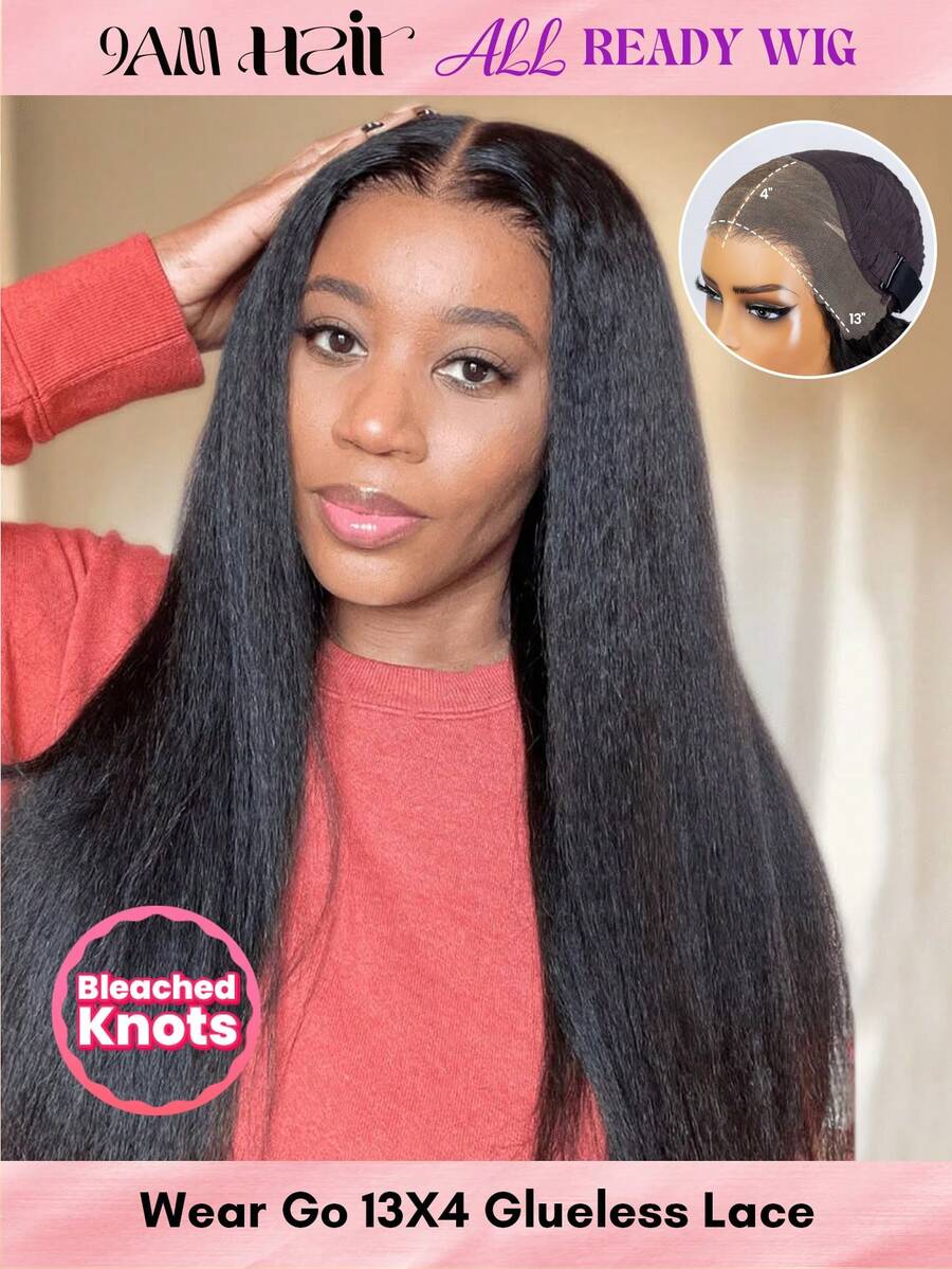 ALL READY WIG Kinky Straight 真人髮假髮 自然黑 13x4 蕾絲 無膠 18-26 英吋 180% 密度 Kinky Straight 自然外觀 漂白髮結 預拔髮際線 豐盈蓬鬆 自然髮際線 即戴即走 女款 - SNatural - 查看 1