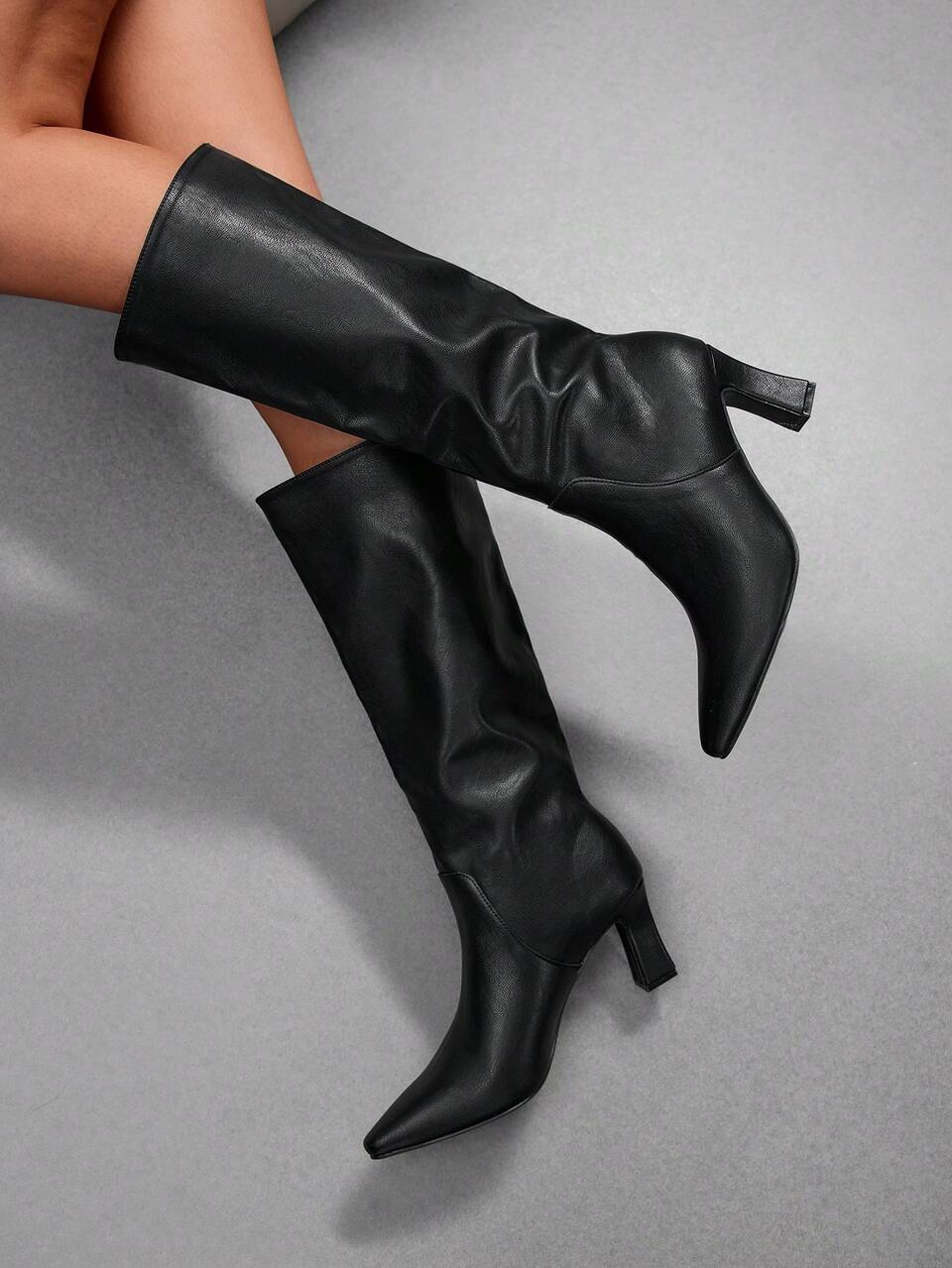 CUCCOO SZL Women's Comfort Medium Heel Pointed Toe Black PU Knee Boots