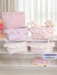Quilted Large Capacity Storage Basket With Ruffle Design Clothes Organizer Empty Basket Tabletop Home Organization Print Fabric Storage Bin Container For Bedroom Living Room Closet Dorm Fabric Basket - View 2