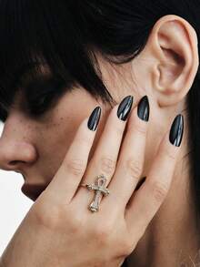 MortiRose Nhẫn cá nhân hóa phong cách Gothic hình chữ thập vàng - Cà phê vàng - Xem 4